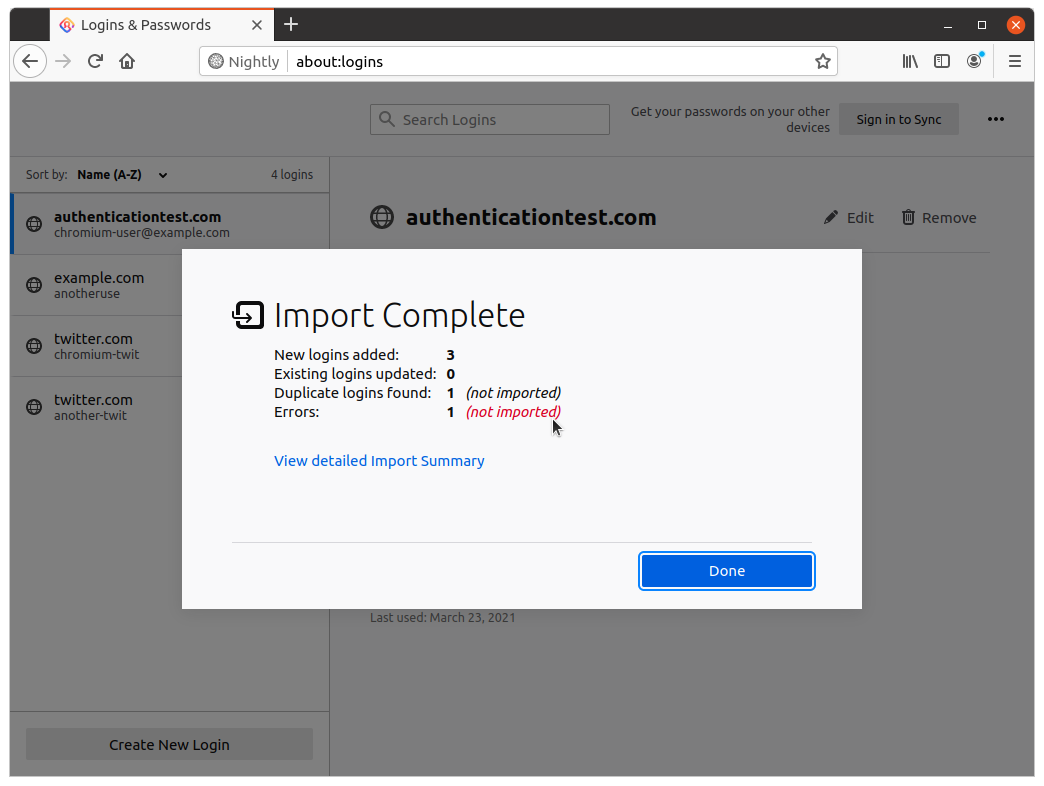 Screenshot of the Import Complete dialog on about:logins: showing 3 logins added, 0 updated, 1 duplicate and 1 error