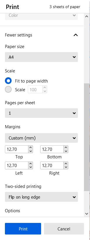 Print settings screenshot showing margin picker with the label “Custom (mm)