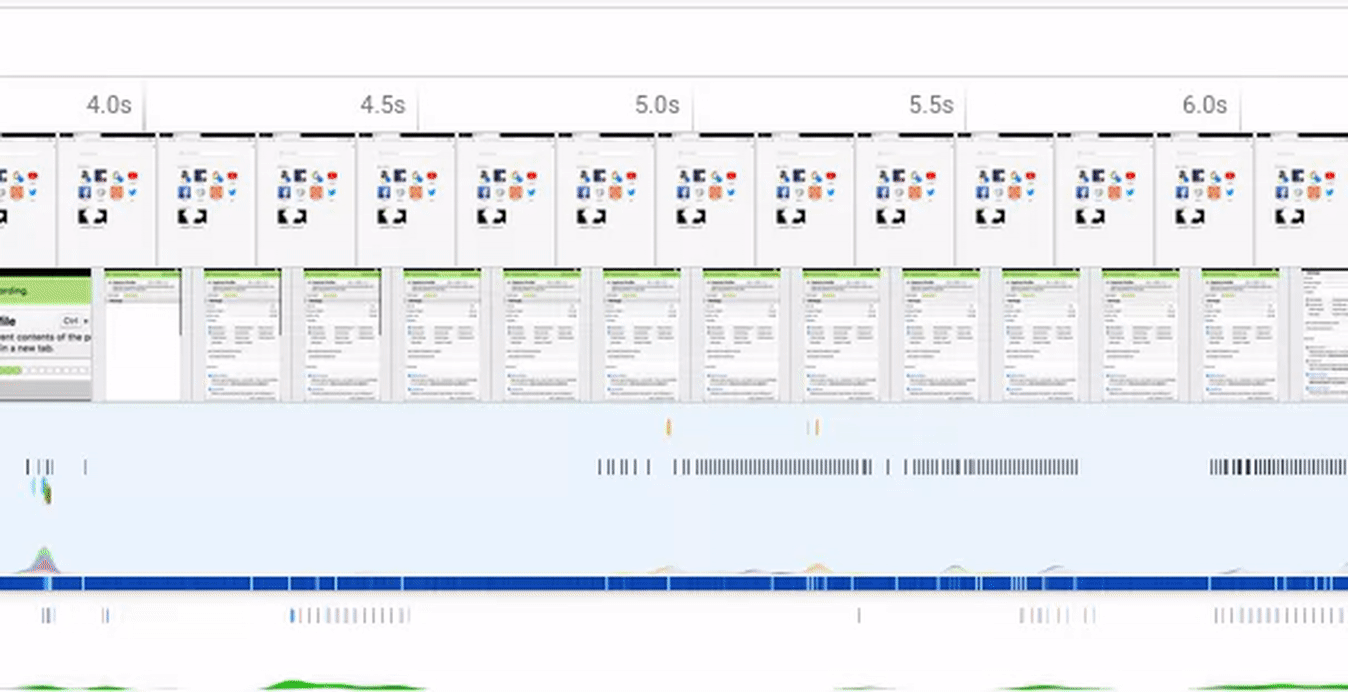 The Firefox Profiler UI shown in an animated GIF. The animation shows the cursor selecting a time range, and a smaller version of the collected screenshot for the slice of time being hovered is shown.