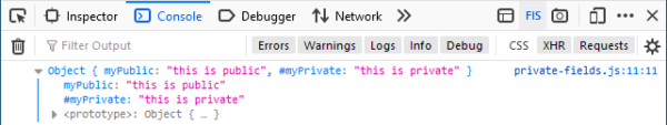 The DevTools console. The text representation of a JavaScript Object is expanded. Inside, its properties are listed, including one called #myPrivate.