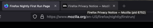 The Firefox tab strip with the mouse hovered over one tab. A dark tooltip says "Firefox Privacy Notice - Mozilla (pid 6752)"