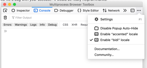 Firefox devTools showing new toggle options for Fluent pseudolocalization: "accented" and "bidi"