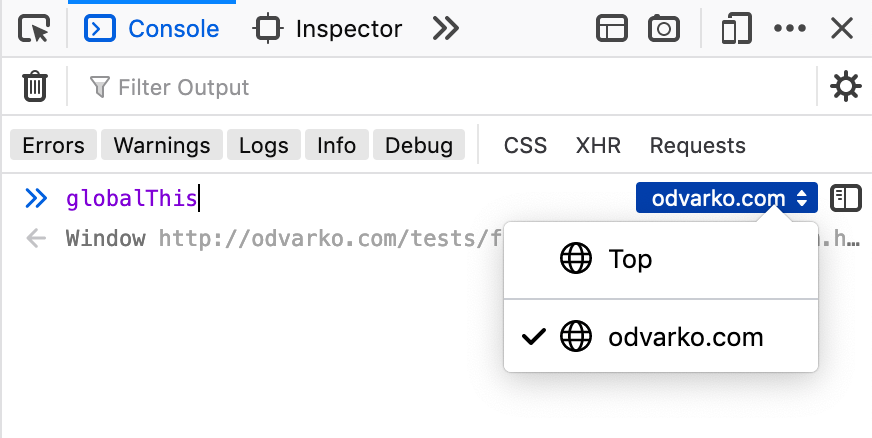 In the Firefox DevTools WebConsole, on the top corner of the input, a toggle button is enabled, and its associated popup shows 2 items: “Top” and “odvarko.com”, which is selected. In the input has the following text: “globalThis”, which is instantly evaluated to “Window http://odvarko.com/”