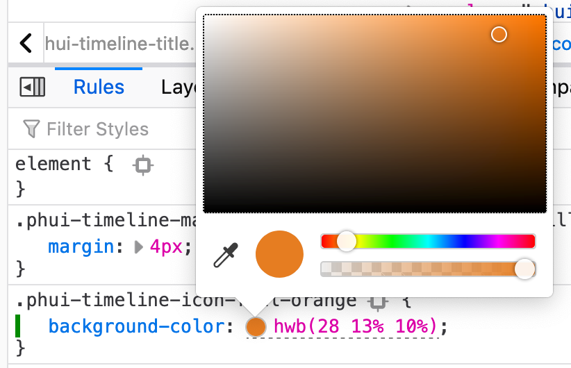 In the Inspector rule view, a rule has the following property: “background-color: hwb(28 13% 10%)”. A color swatch is displayed before the property value, and the color picker is displayed.
