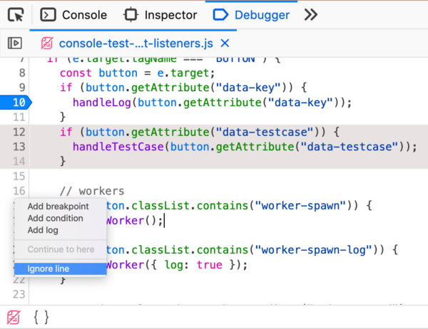 DevTools debugger showcasing the new "ignore line" context menu entry in the editor gutter