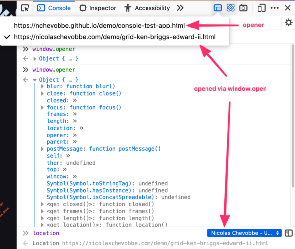DevTools web console displaying tabs opened via window.open