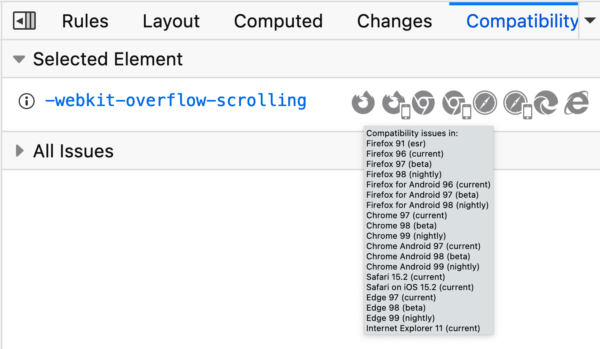 The compatibility panel in the Firefox DevTools showing the -webkit-overflow-scrolling rule on the selected element. A number of icons are shown indicating which browsers have compatibility problems with that rule.