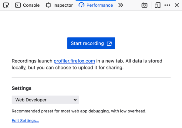 The Performance panel in the Firefox DevTools UI shows a button to start recording a performance profile.