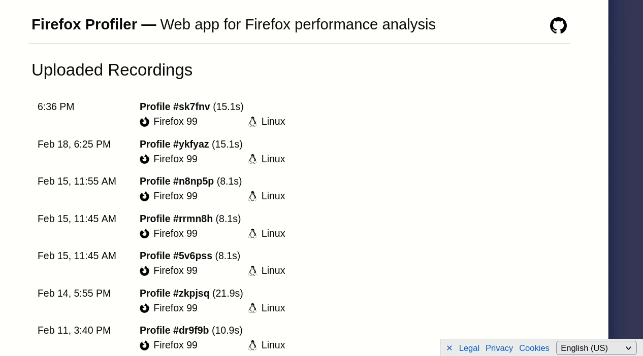 Gif of the Firefox Profiler showing different date formats and locales