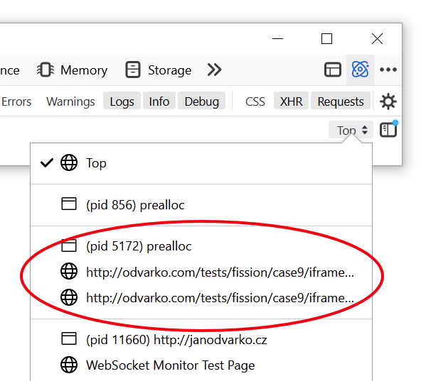 Image of frames being labeled according to their content process IDs in a dropdown menu within the Browser Toolbox