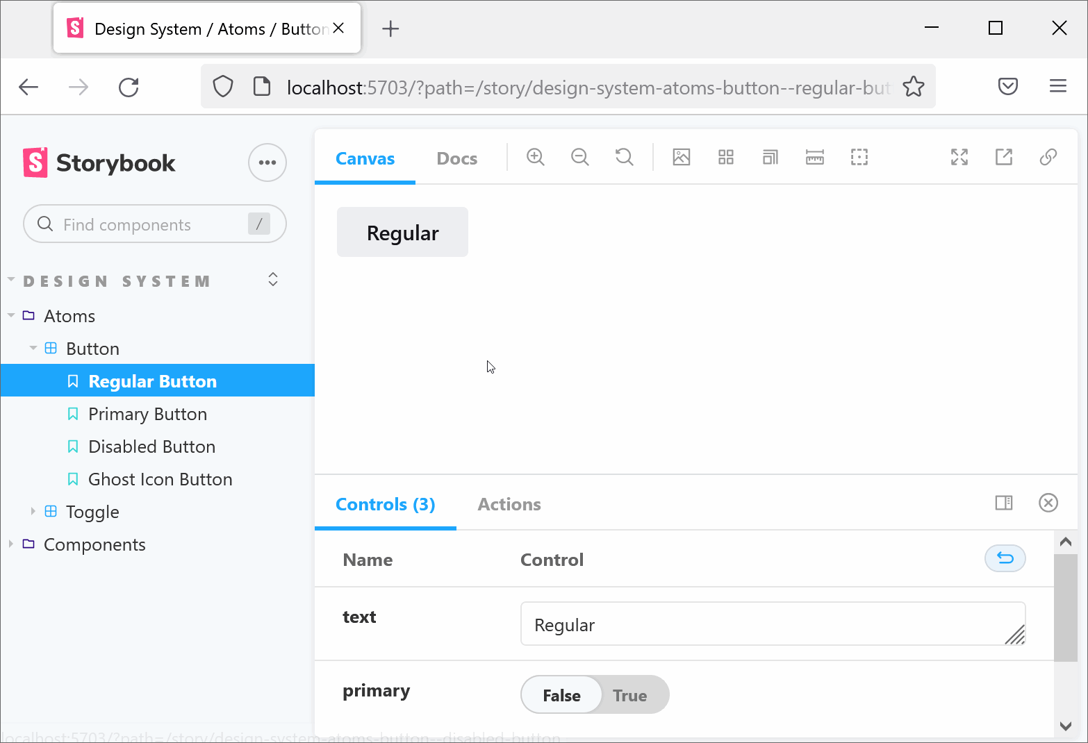 An animated GIF of the Storybook tool loaded in Firefox, showing a button component that can be put into various states.