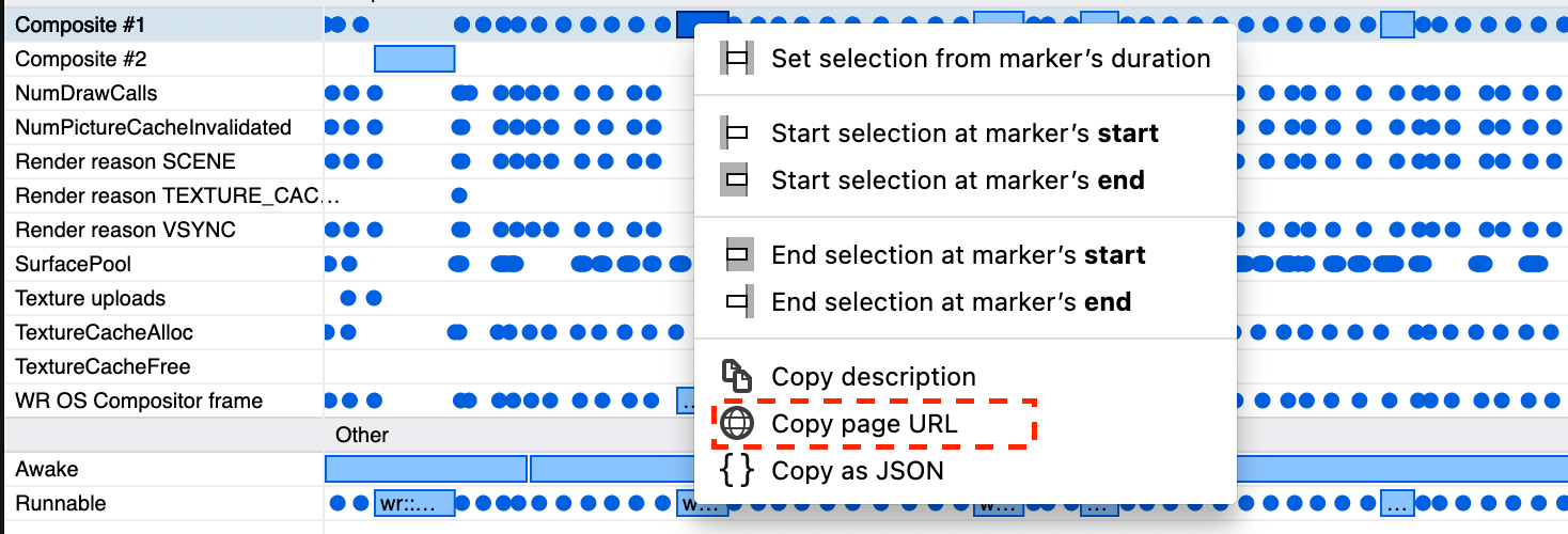 In the Marker Chart for a profile in the Firefox Profiler tool, a next context menu is available for markers associated with a page URL that allows for copying that URL to the clipboard.