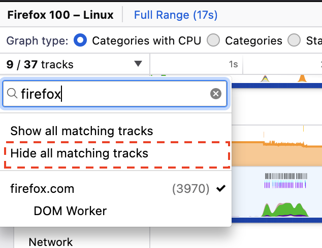A new "Hide all matching tracks" item in the track filter panel in the Firefox Profiler allows for quickly hiding all tracks matching the query.