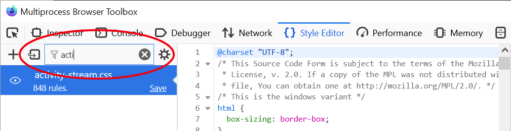 Image of the style sheet filter in the Browser Toolbox Style Editor