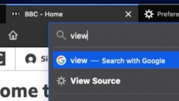 Screenshot of the View Source quick action option displayed in the address bar after typing "view" in search