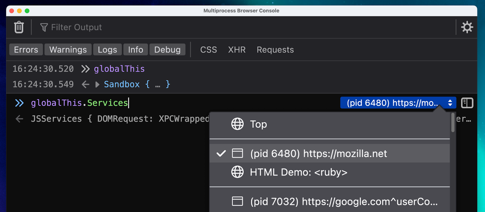 A new dropdown is shown inside of the Browser Console which is open. It shows a panel showing the different frames and processes that the console can target.