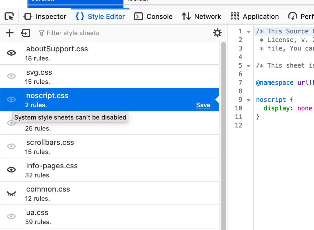 The Style Editor in the Firefox Developer Tools is open and showing a list of applied style sheets. One of the stylesheets has a tooltip over it saying: "System style sheets can't be disabled".