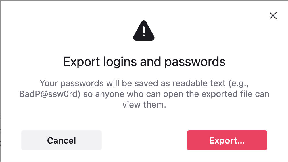 A dialog box showing warning text that passwords are being exported in plaintext to a file. The buttons at the bottom of the dialog are spaced with "Cancel" on the left, and "Export..." on the right.