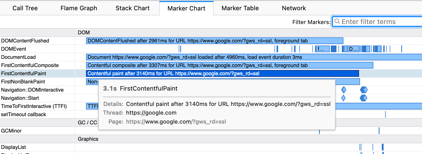 Image of the Firefox Profiler showing an added marker for a metric named FirstContentfulPaint.