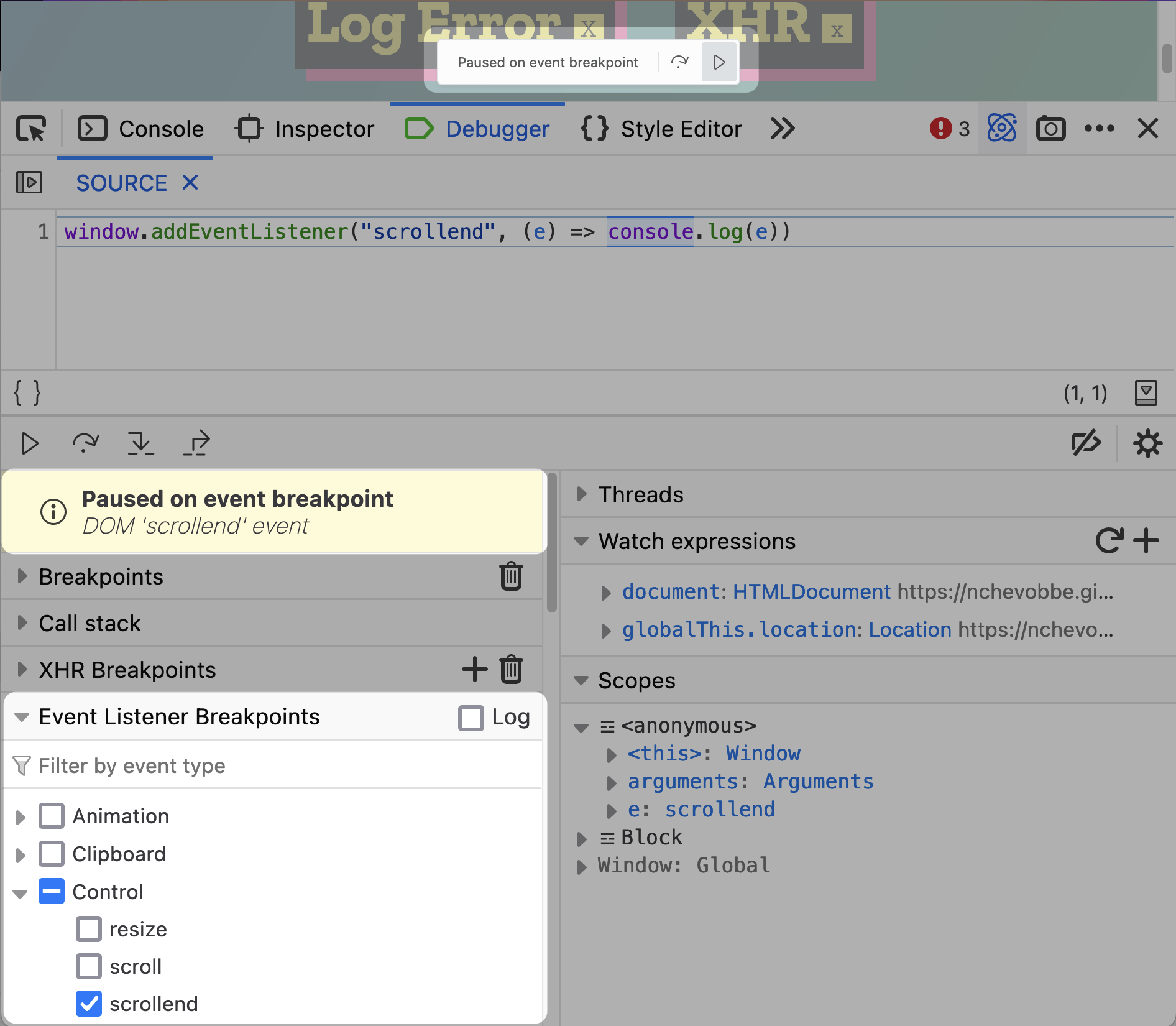 The Firefox debugger panel is open and is paused on an event breakpoint. Informational text is present saying: "Paused on event breakpoint. DOM 'scrollend' event". A list of Event Listener Breakpoints is also highlighted showing that the debugger can break anytime "scrollend" events fire.