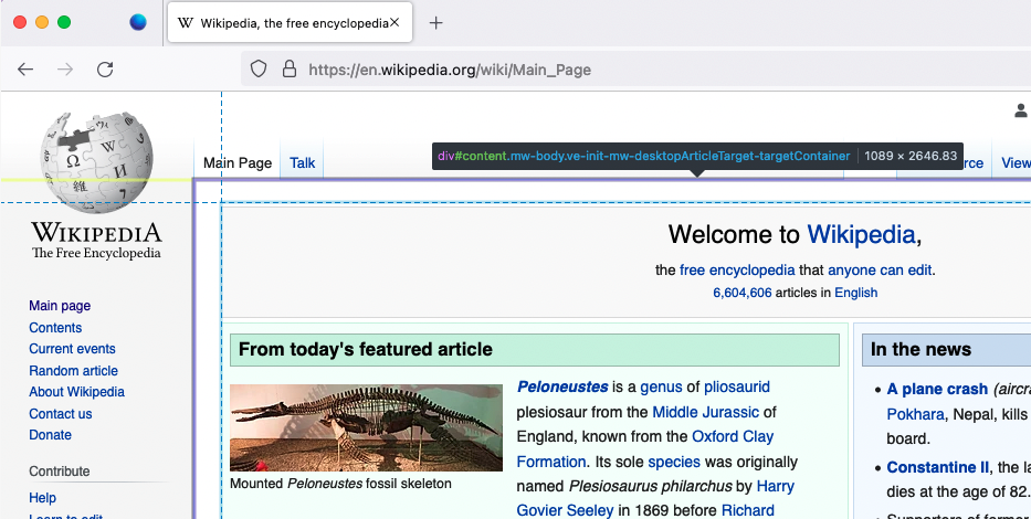 A screenshot of the DevTools' new highlighter appearing on the Wikipedia landing page when a user enables the setting prefers-reduced-motion.