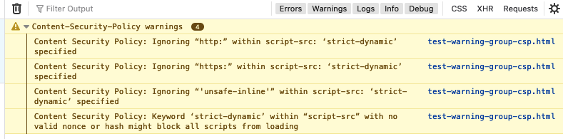 A screenshot showcasing more descriptive Content Security Policy, alias CSP, warnings on the browser console.