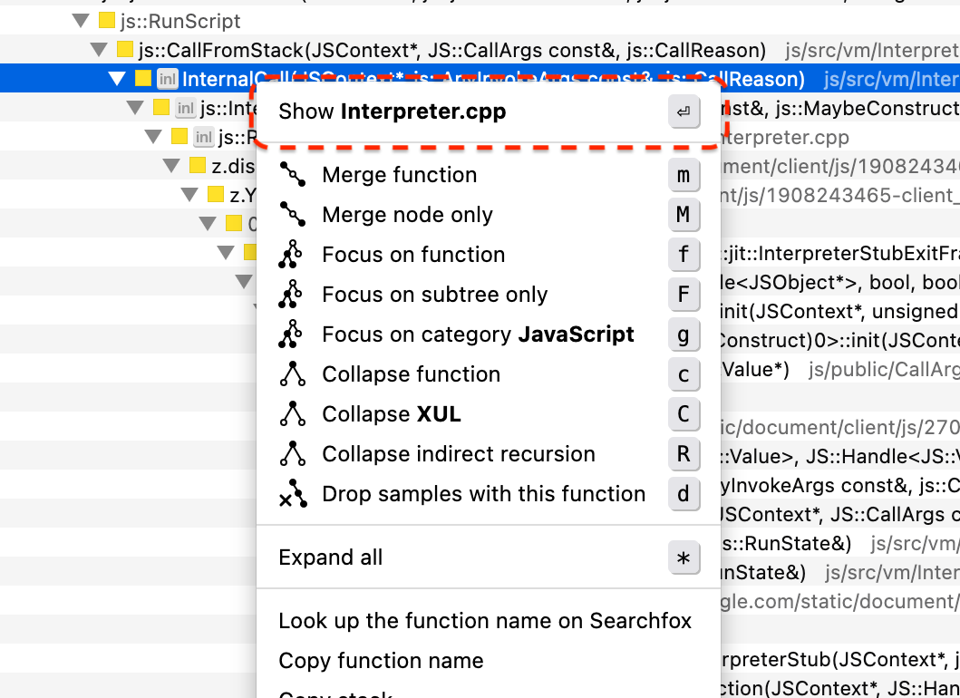 Screenshot of a new Firefox Profiler context menu option, particularly for viewing a source file called Interpreter.cpp.