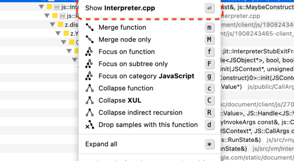 Screenshot of a new Firefox Profiler context menu option, particularly for viewing a source file called Interpreter.cpp.
