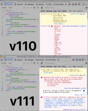 Screenshot from the Devtools console, showing old wrapping behavior in v110 on top, and updated wrapping behavior in v111 on bottom.