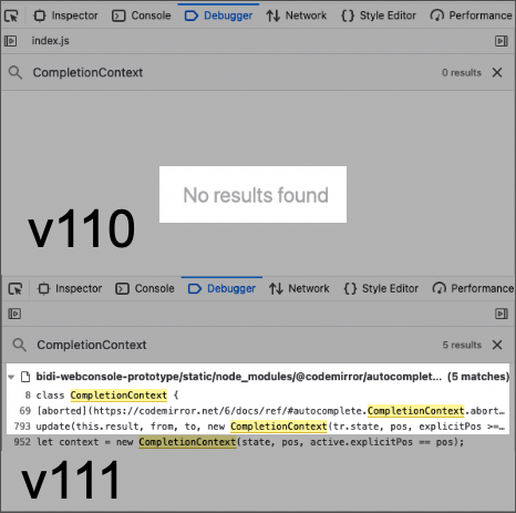 A side-by-side comparison of the DevTools Debugger search result pane for Firefox 110 and 111. In the former, a search query is showing no results. In the latter, several results are appearing because they match strings contained within the source files.