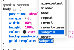 The CSS rule pane from the Inspector DevTool is shown, with a "grid-template" rule selected. "subgrid" is shown as an item in an autocomplete panel.