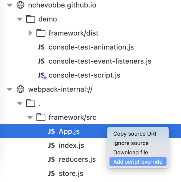Image of a context menu within the Firefox debugger showing four different menu options, one of which is selected and called "Add script override"