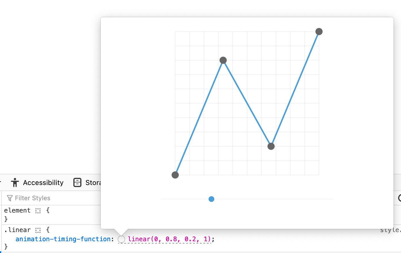 Image of a line graph that is displayed in Firefox devtools and can be interacted with for modifying the linear timing function for animations