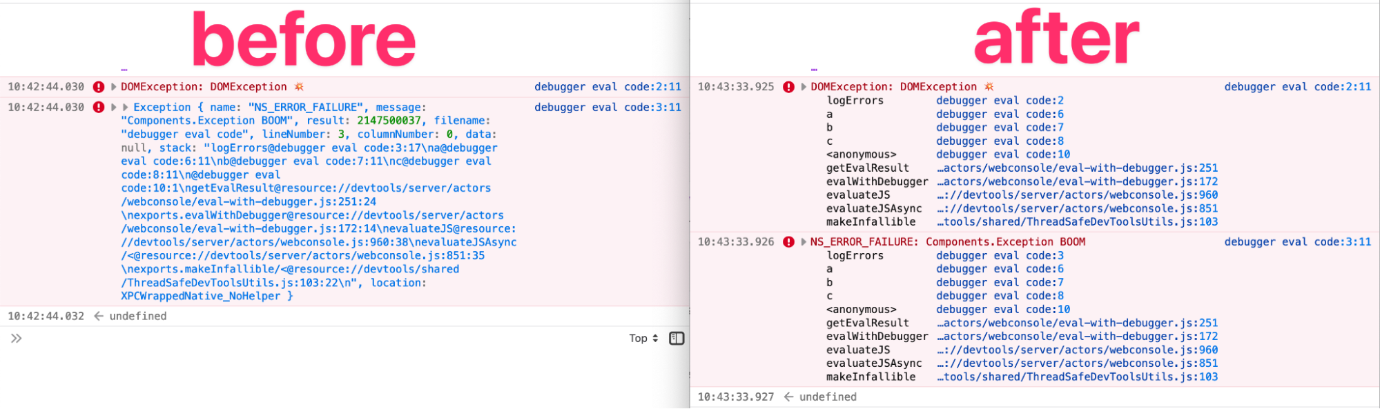 Image of Firefox devtools showing easier to read log outputs of DOMException and Components.Exception as formatted stack traces