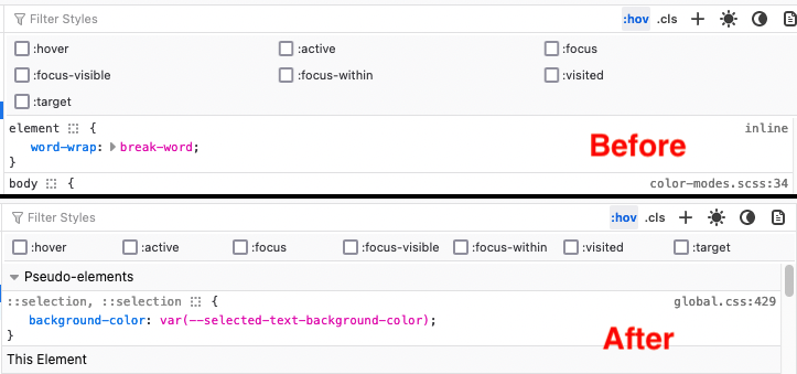 Image comparing the Firefox devtools pseudo class toggle UI before and after changes that save space and display pseudo class toggles in a row