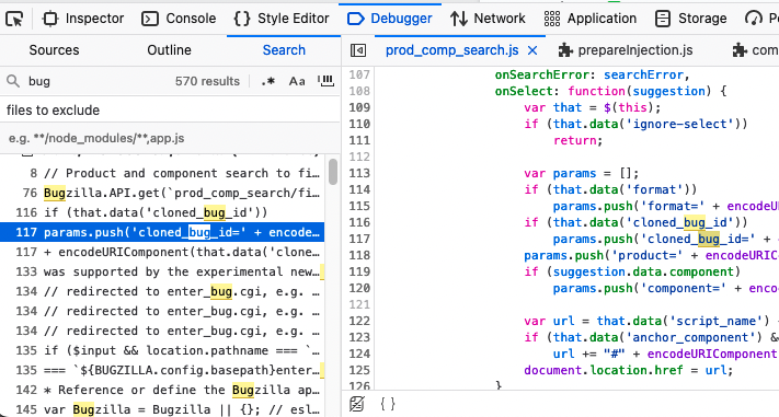 Image of Firefox's debugger Search UI located in a regular side panel, which allows the results list to remain visible while opening scripts in the editor