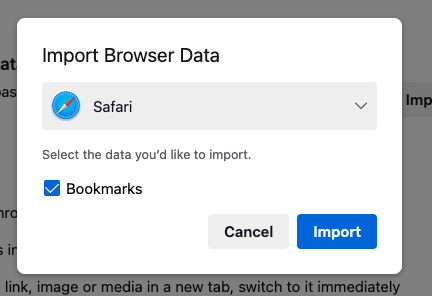 Image of the new migration wizard used for migrating data from another browser into Firefox, with the picture showing in particular how a user would select and import Safari bookmarks.