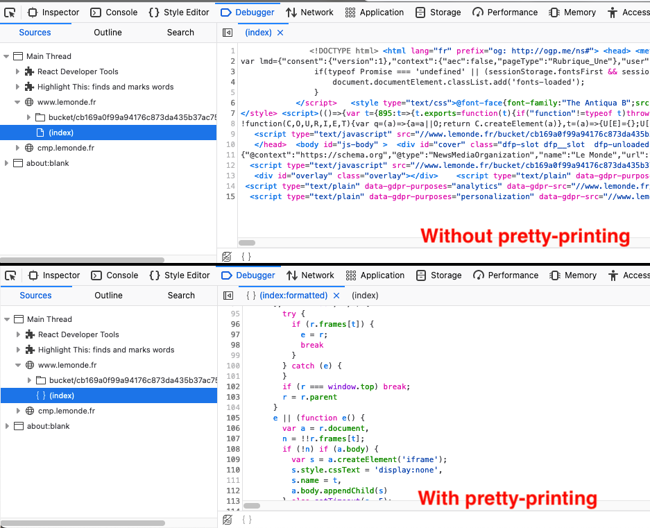 An image comparing a JavaScript file's formating before pretty-printing and after pretty-printing within the Firefox debugger.