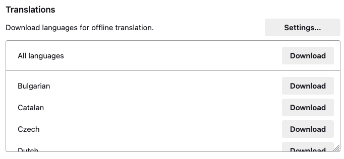 A section of the Firefox Preferences interface is shown with the title "Translations". The section offers to download languages for offline translation. A button is presented to download all languages, and then a series of individual languages are offered: Bulgarian, Catalan, Czech and Dutch are listed before the list goes outside of the screenshotted region.