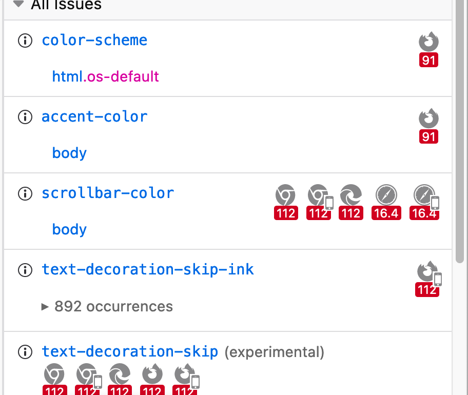 Screenshot of the Inspector compatibility menu showing unsupported browsers and their version numbers.