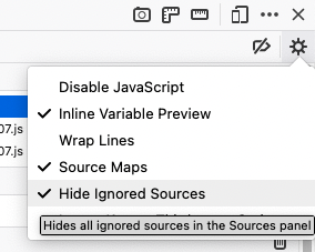 The Firefox Debugger panel is shown with the tool's settings panel opened over top. The second-last item in that settings panel is checked and highlighted and reads "Hide Ignored Sources"