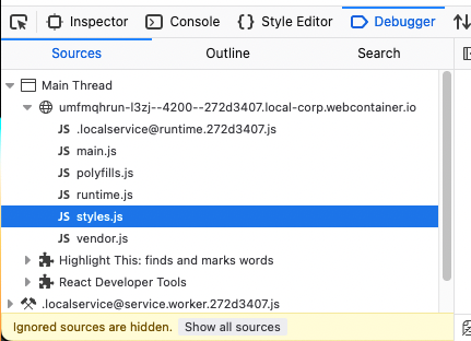 The source list in the Firefox Debugger is shown, listing various scripts loaded on the page. At the bottom of the source list is a message that says: "Ignored sources are hidden", followed by a button to "Show all sources".