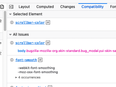 The Compatibility pane from the Firefox Inspector Panel is shown. A list of rules is shown, including "scrollbar-color" and "font-smooth". Each rule is a link, followed by an icon representing MDN.