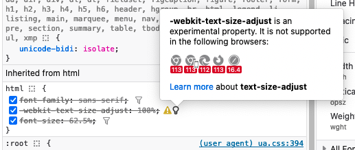 The Rules pane of the Firefox DevTools Inspector panel is shown, with several rules struck out, including "-webkit-text-size-adjust: 100%;". A lightbulb icon appears to the right of that rule with a tooltip explaining that "-webkit-text-size-adjust is an experimental property. It is not supported in the following browsers:", followed by a list of browser icons and version numbers.