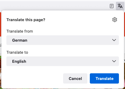 A panel opened from the Firefox Desktop URL bar asking if the user wants to translate the current page. The panel offers to translate the page from German to English.