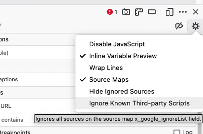 The Firefox Debugger panel is shown with the tool's settings panel opened over top. The last item in that settings panel is highlighted and reads "Ignore Known Third-party Scripts".