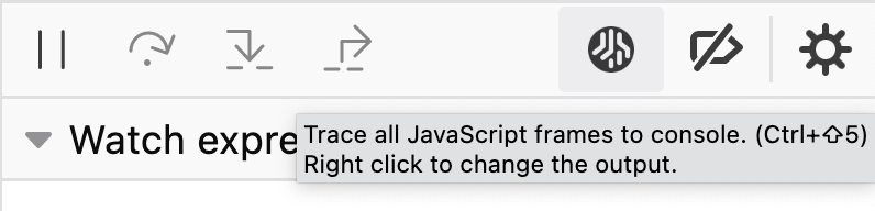 Screenshot of the devtools tracer button in its new position and of its updated tooltip message including the keyboard shortcut