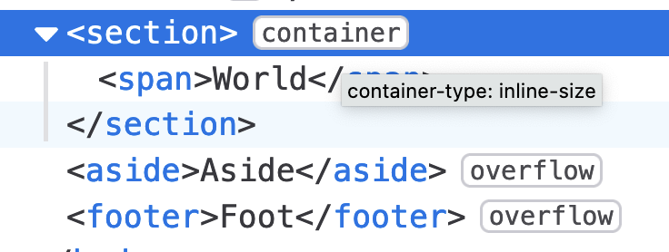 Screenshot of a "container" badge displayed in devtools markup view