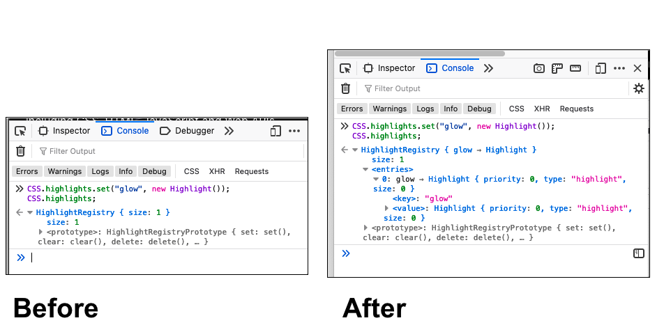 A before and after comparison of preview support for `HighlightRegistry` objects in the devtools console. In the before image, no entry details are displayed in the console for a `HighlightRegistry` object. In the after image, entry details such as keys and values can be seen.