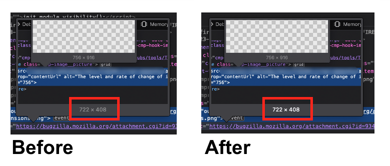 A before and after comparison of the devtools inspector image preview. In the before image, the image dimensions label has poor colour contrast and is difficult to read. In the after image, its colour contrast is improved and is easier to read.